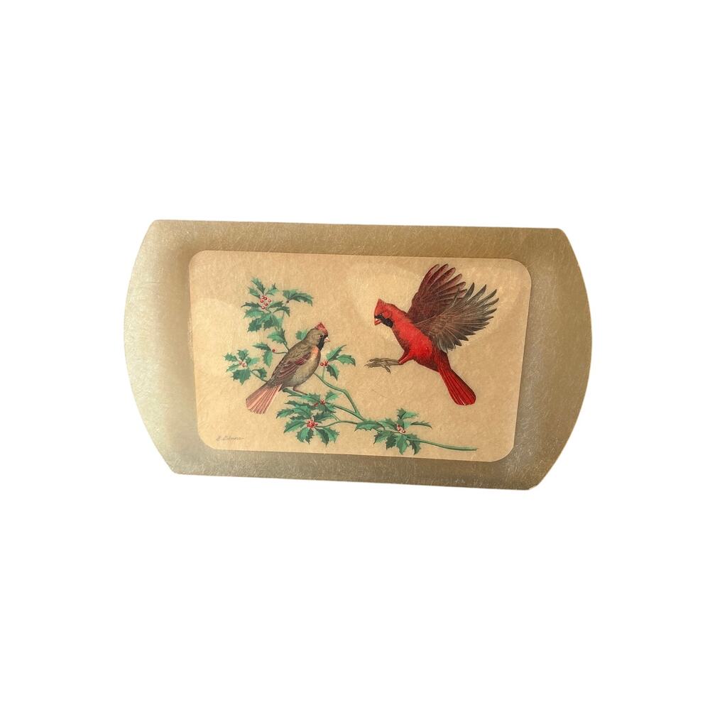 Vintage B Gilmore Cardinal Birds Holly Fiberglass Serving Tray 21” x 12”